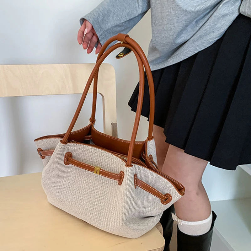 Luxury Canvas Dumpling Handbag Vintage Large Capacity Tote Bag Brand Pleated Drawstring Design Versatile Fashion Shoulder Purse