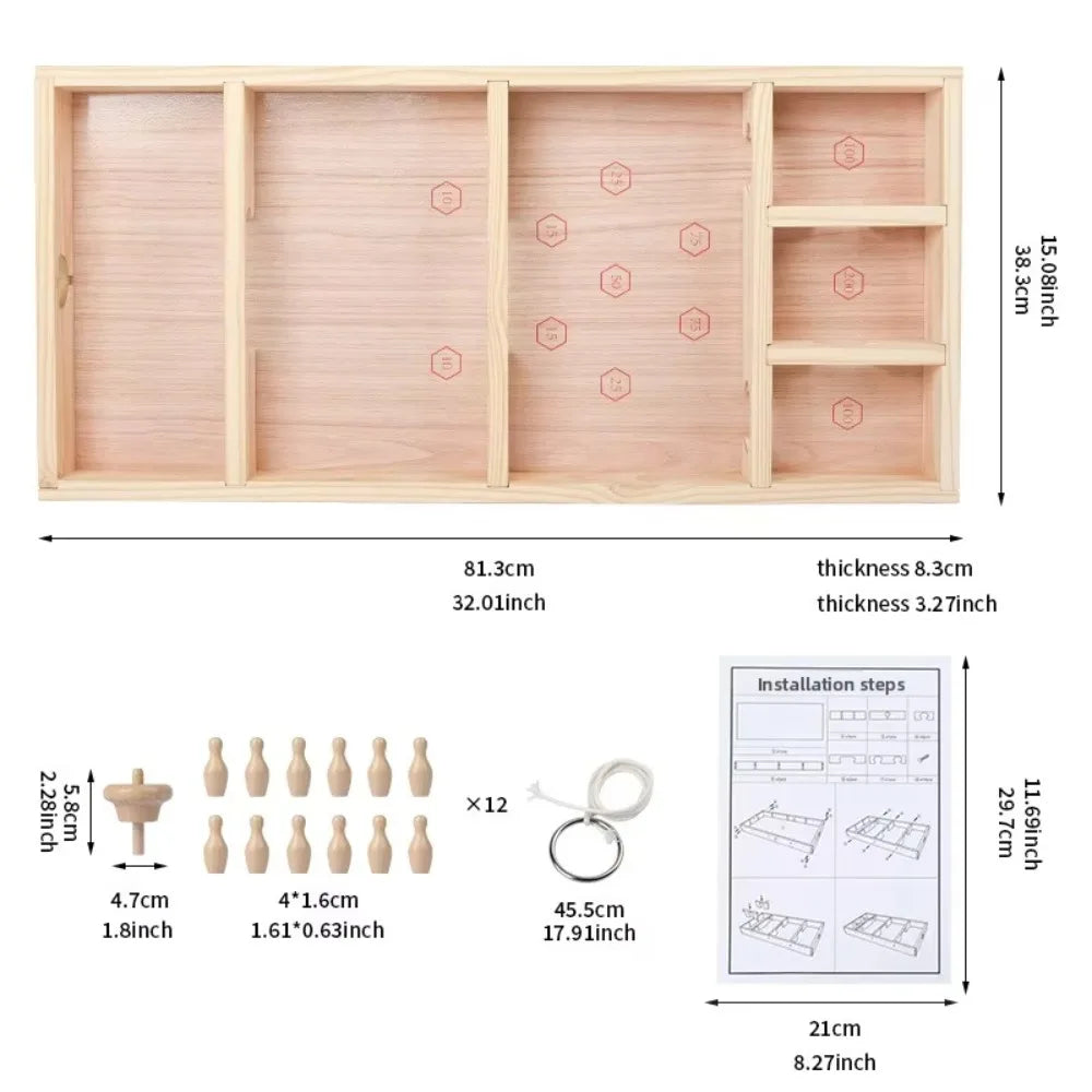 Custom logo retro gyro spinning mini bowling board large tabletop wooden toy family party table game