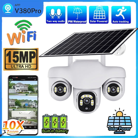 Three Lens Three Screens WIFI Solar Camera 15MP 10X Zoom CCTV Outdoor Automatic Tracking Humanoid Detection PTZ IP66 Cam V380