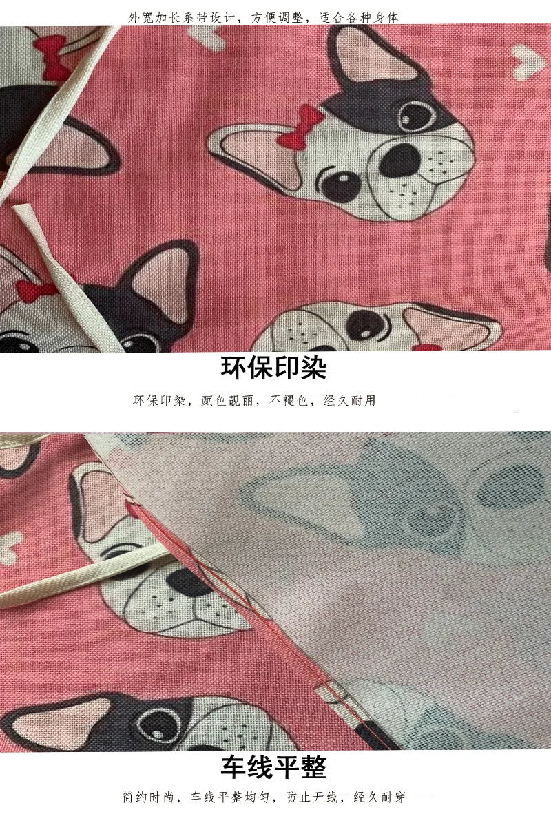 Cute Dog Pug Pattern Cotton Linen Sleeveless Chef Apron Kitchen Aprons Women Home Cooking Baking Waist Bib Pinafore 55x68cm