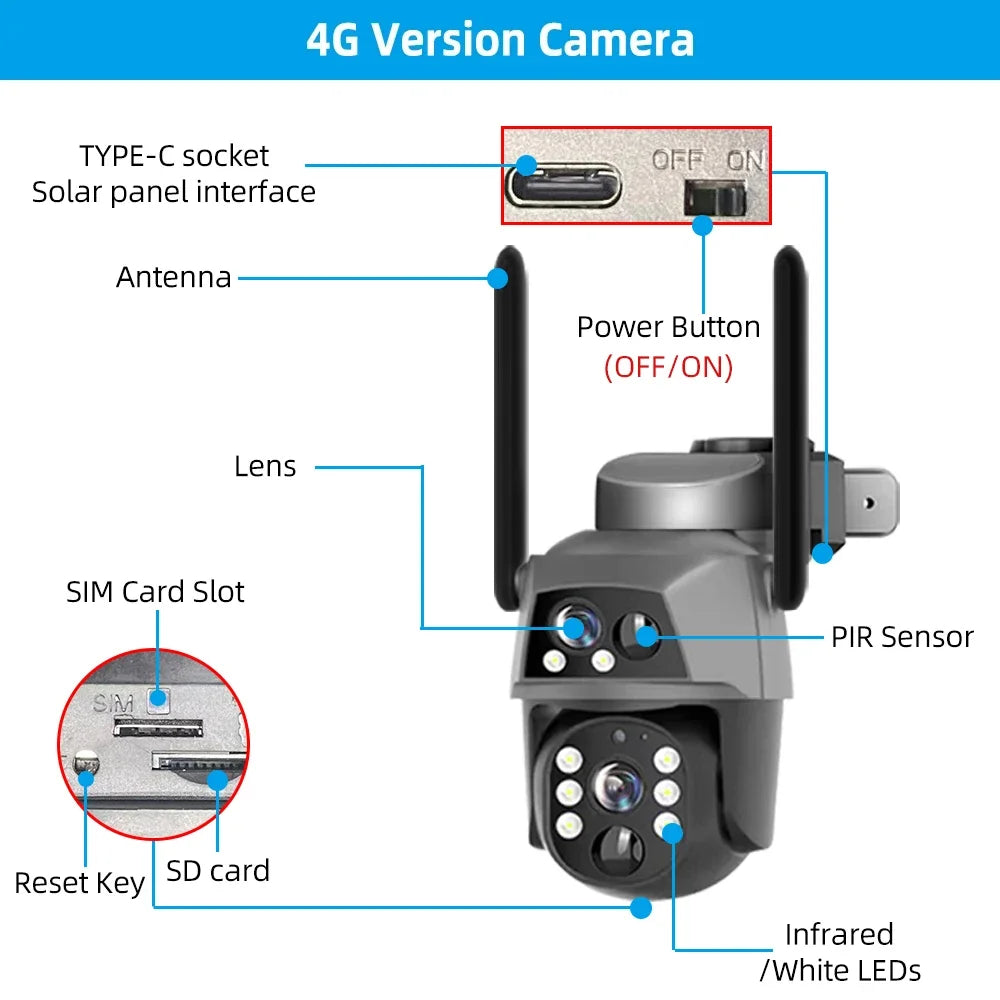 4G Solar Camera Outdoor Dual Lens 8MP 4K WiFi PTZ IP Security Camara With Solar Panel CCTV Built in Battery Auto Tracking Cam
