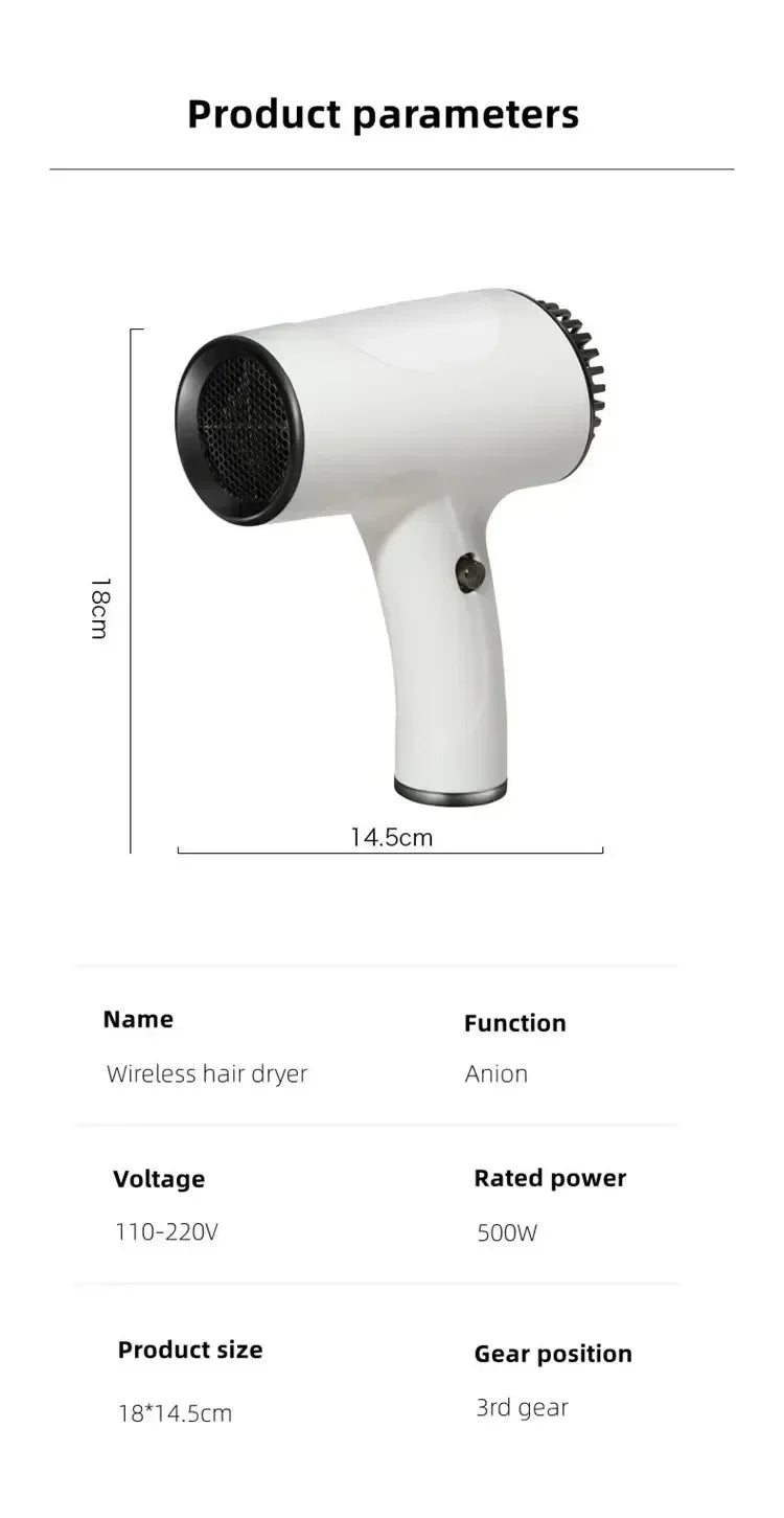 220V Portable Wireless Hair Dryer Rechargeable Blow Dryer Travel Fast Dry Hair Lithium Battery Strong Wind Art Joint Examination