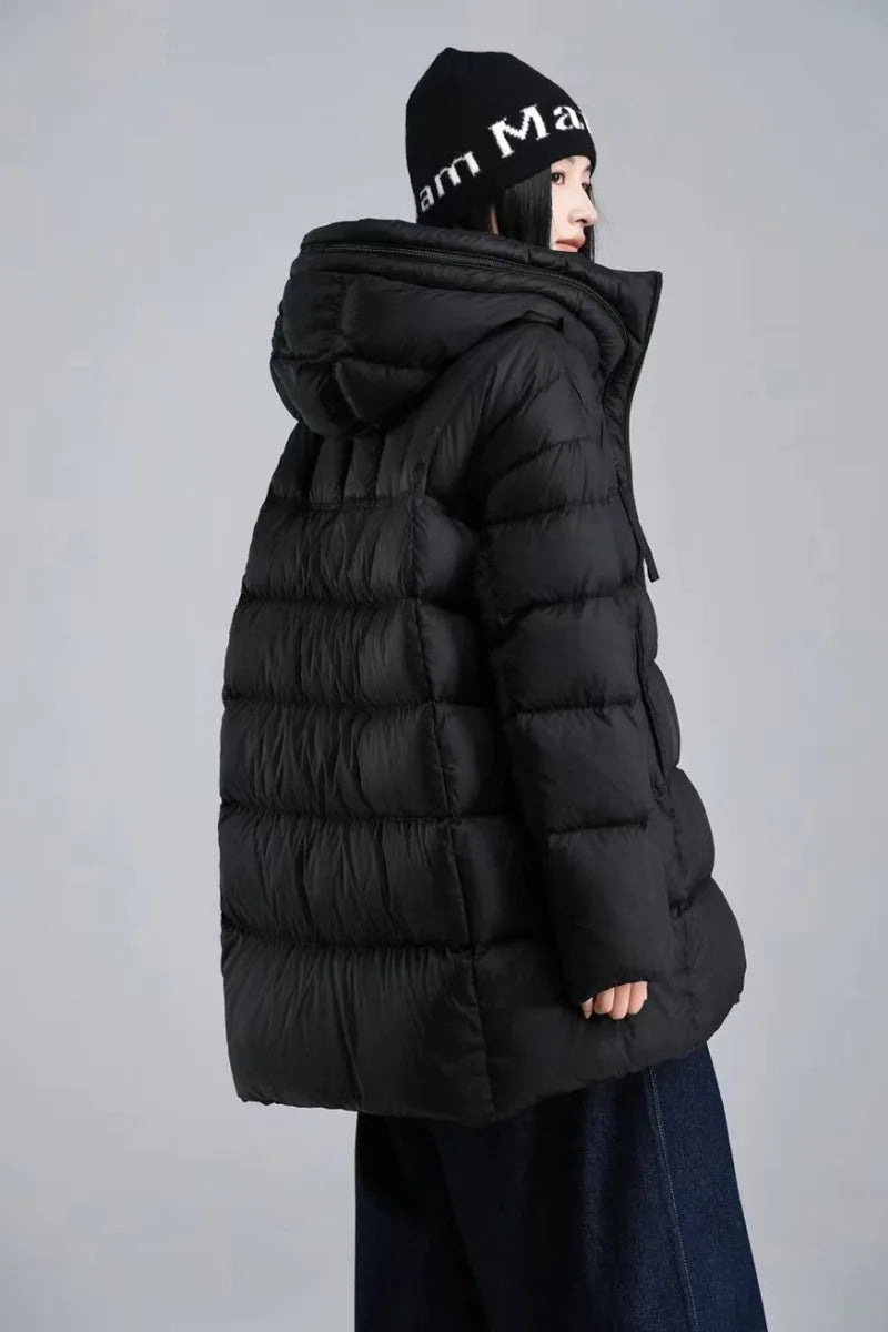 Winter Hooded Warm Mid Length Down Jacket Female Double Zipper Solid Parker Outwears Women 90% White Duck Down Loose Down Jacket