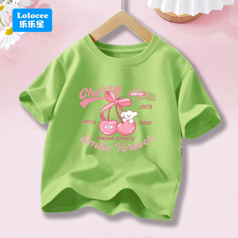 Girls' Fashion Cotton T-shirts with Cherry Fruit Pattern Short Sleeve Girls' Cute Summer Tee Shirts 3-14 Years YT01
