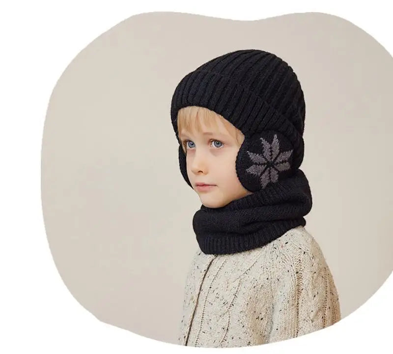 2Pcs Knitted Children Winter Hat Scarf Fleece Lining Ears Protection Kids Beanie Hats Neck Warmer Warm Child Boy Cap 4-10Y