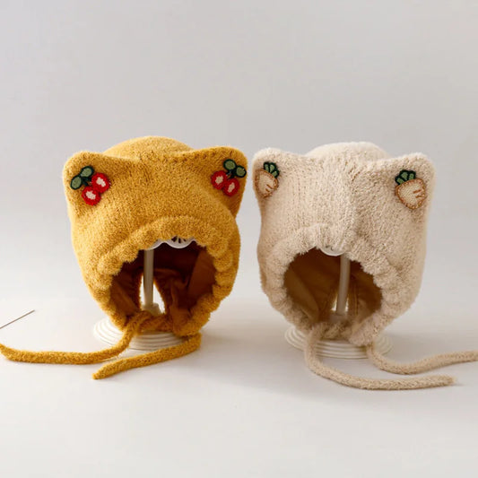 Winter Baby Plush Ear Protection Hat Cute Cherry Toddler Headgear Bonnet Thick Warm Kids Earmuffs Cap 8-36Month Children Beanies