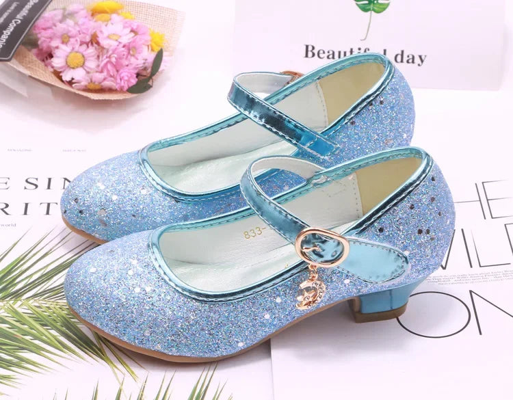 Girls High Heels Children's Leather Shoes Small Children Princess Single Shoes Sequins Students Dance Performance Gift