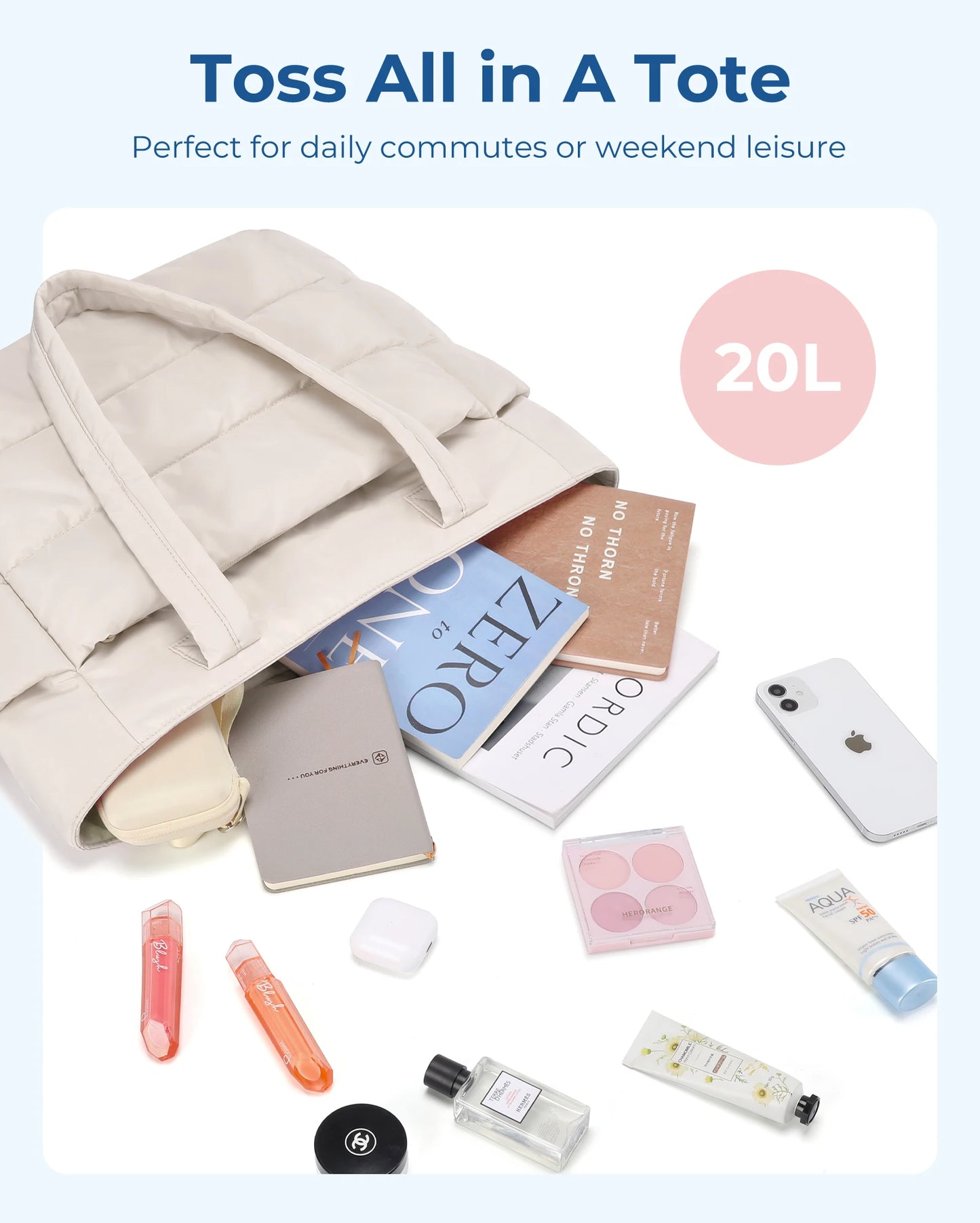 BAGSMART Women's Bag Solid Color Tote Bag Commuting College Padded Shoulder Bag Leisure Simple Female Work Handbags Travel