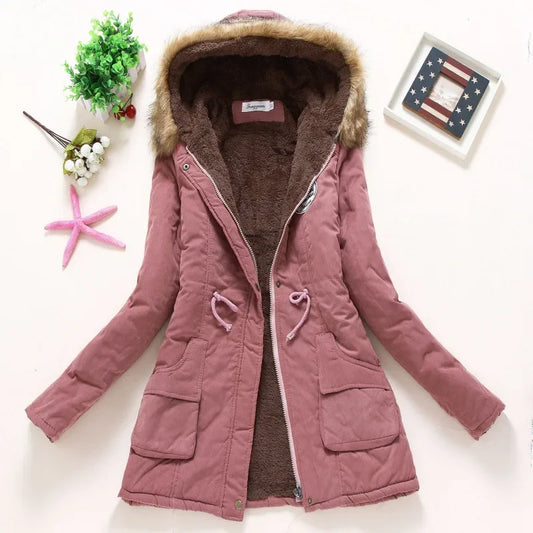 Korean Style Thickened Long Cotton Jacket Women's Winter Coat with Fleece Lining And Fur Collar Slim Fit plus Size Top