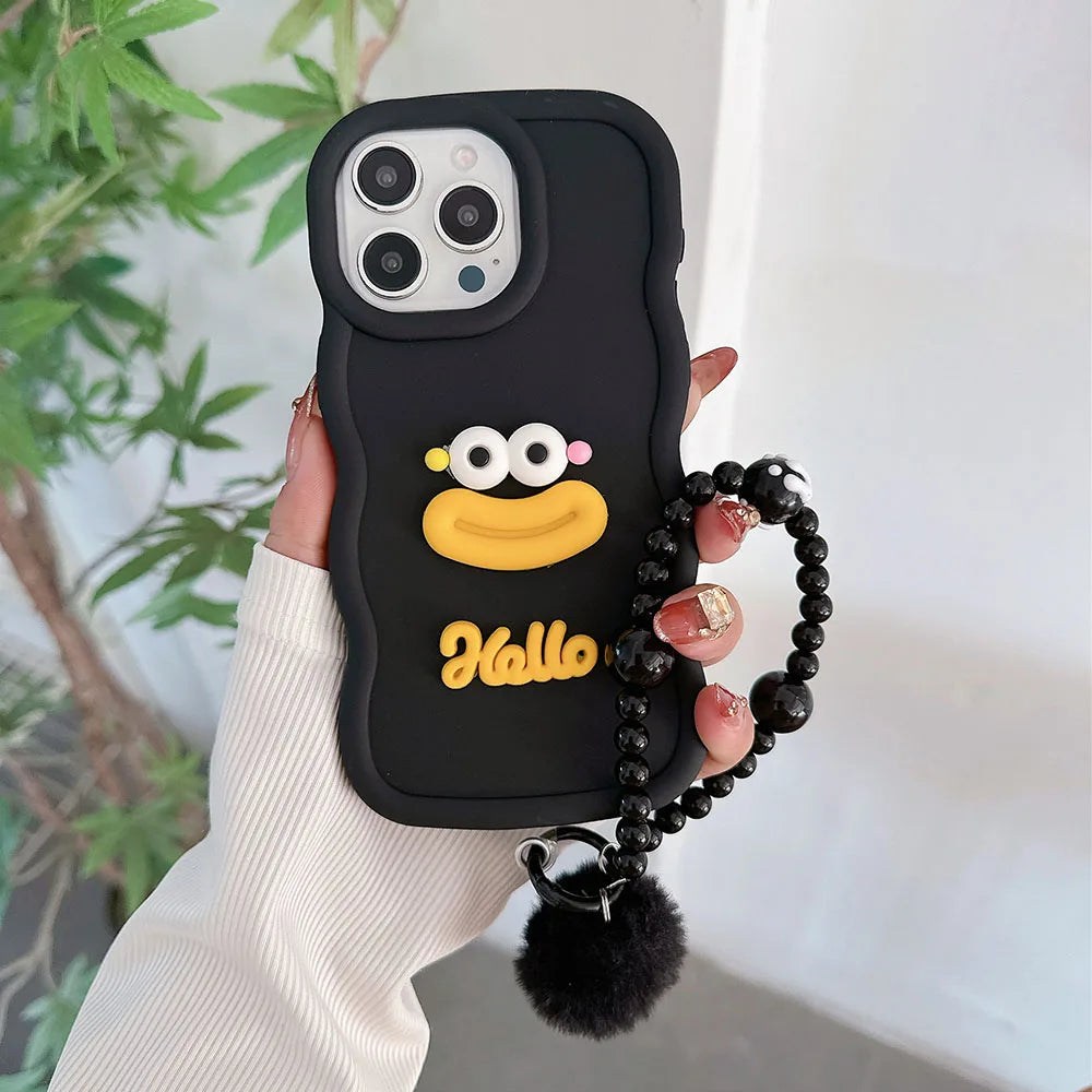 Cute Cartoon Wrist Chain Wave Case For Tecno Spark GO 1 2025 2024 2023 2022 2021 2020 Tecno Pop 6 GO 9 7 Pova 5 Pro 6 Neo Cover