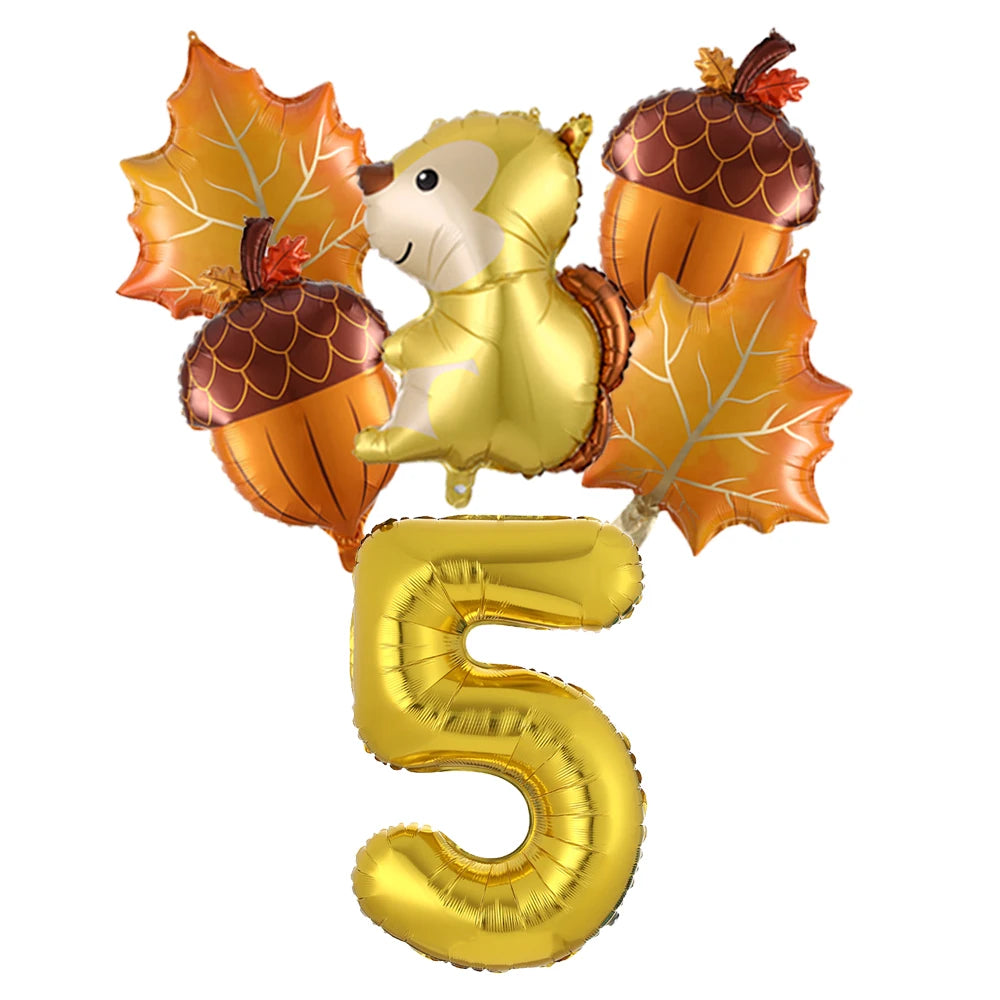 6Pcs Autumn Forest Animals Kids Birthday Party Decoration Squirrel Pine Cone Foil Balloon With 0-9 Number Ball Thanksgiving Gift