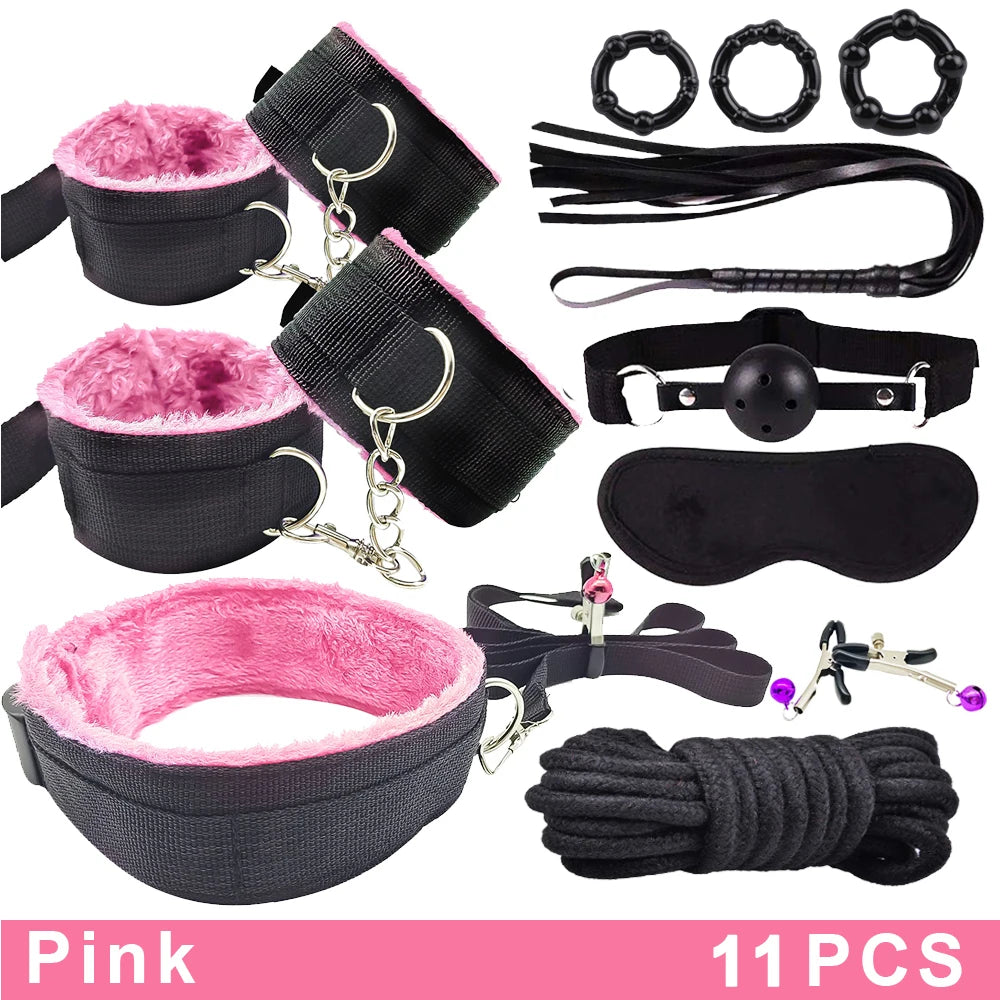 Exotic Bed Bondage Set BDSM Kits Exotic Sex Toys For Adults Games Leather Handcuffs Whip Gag Nipple Clamps Women Sex Products