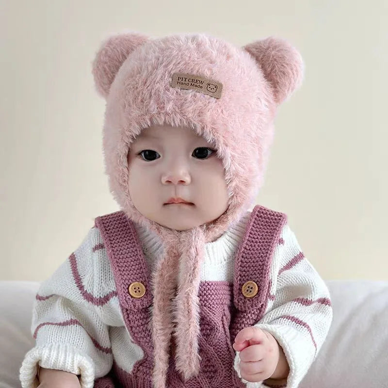 Baby Bear Ear Protection Hat Winter Plush Earmuffs Cap 1-3Year Boys Girls Toddler Warm Headgear Bonnet Solid Velvet Kids Beanies