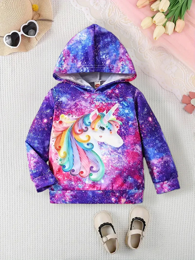 Autumn Casual And Fashionable Girls' 3d Starry Unicorn Printed Hooded Sweatshirt
