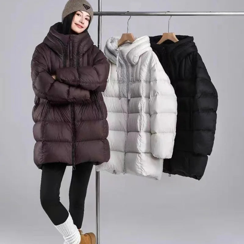 Winter Hooded Warm Mid Length Down Jacket Female Double Zipper Solid Parker Outwears Women 90% White Duck Down Loose Down Jacket