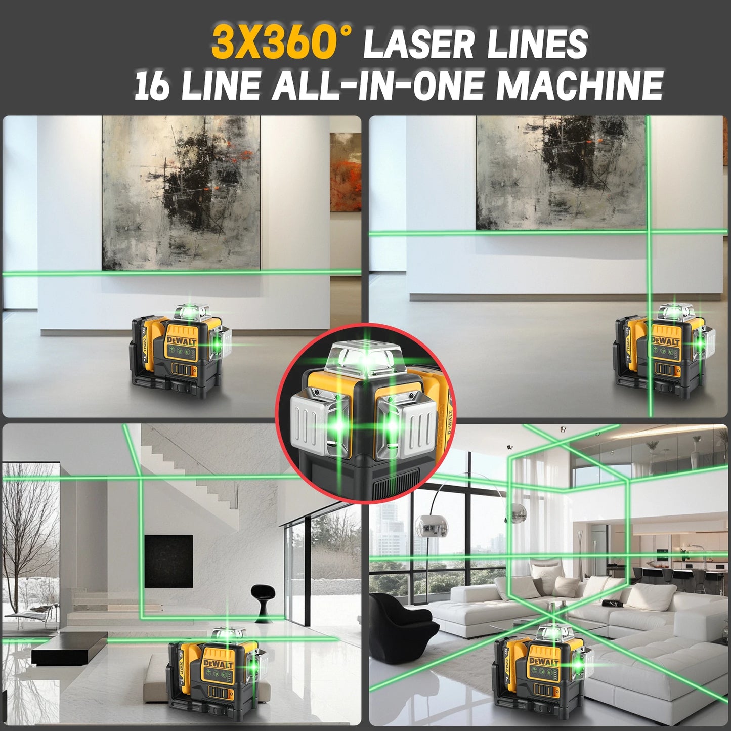 2025 New DEWALT DW089LG Laser Level - 12V Lithium Battery, 360° Horizontal & Vertical Green Lines, 3 Sides Coverage