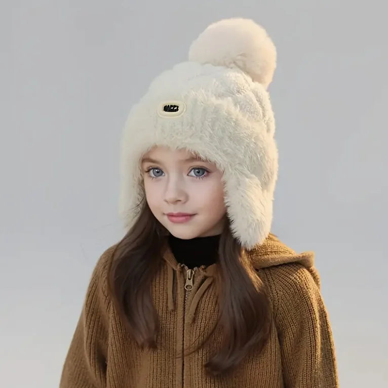 Kids Winter Hat with Ear Flaps Hat with Furry Pom-Pom & Plush Lining - Soft Warm Beanie for Boys & Girls for & 4-10 Y