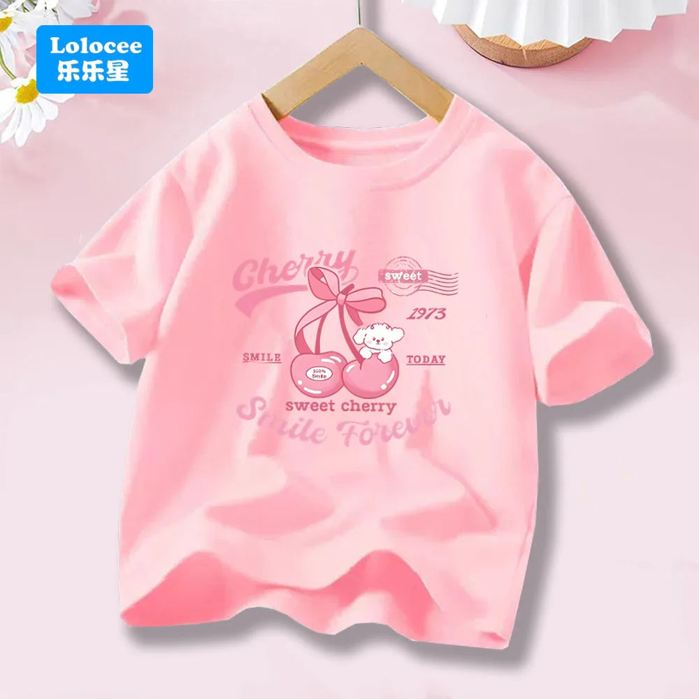Girls' Fashion Cotton T-shirts with Cherry Fruit Pattern Short Sleeve Girls' Cute Summer Tee Shirts 3-14 Years YT01