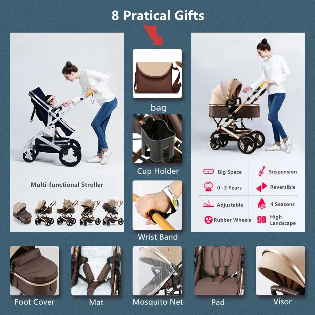 Luxurious 3 in 1  Portable Travel Baby Stroller High Landscape Aluminum Frame Foldable Pram Newborn Infant Four-Wheel Carriage