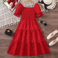 Elegant Square Neck Puff Sleeve Long Dress for 8-12 Year Old Girls Summer Sweet Ladylike Style Perfect for Valentine's Day