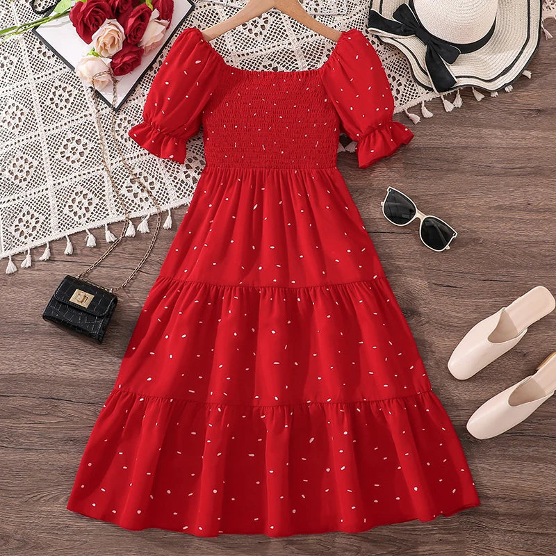 Elegant Square Neck Puff Sleeve Long Dress for 8-12 Year Old Girls Summer Sweet Ladylike Style Perfect for Valentine's Day