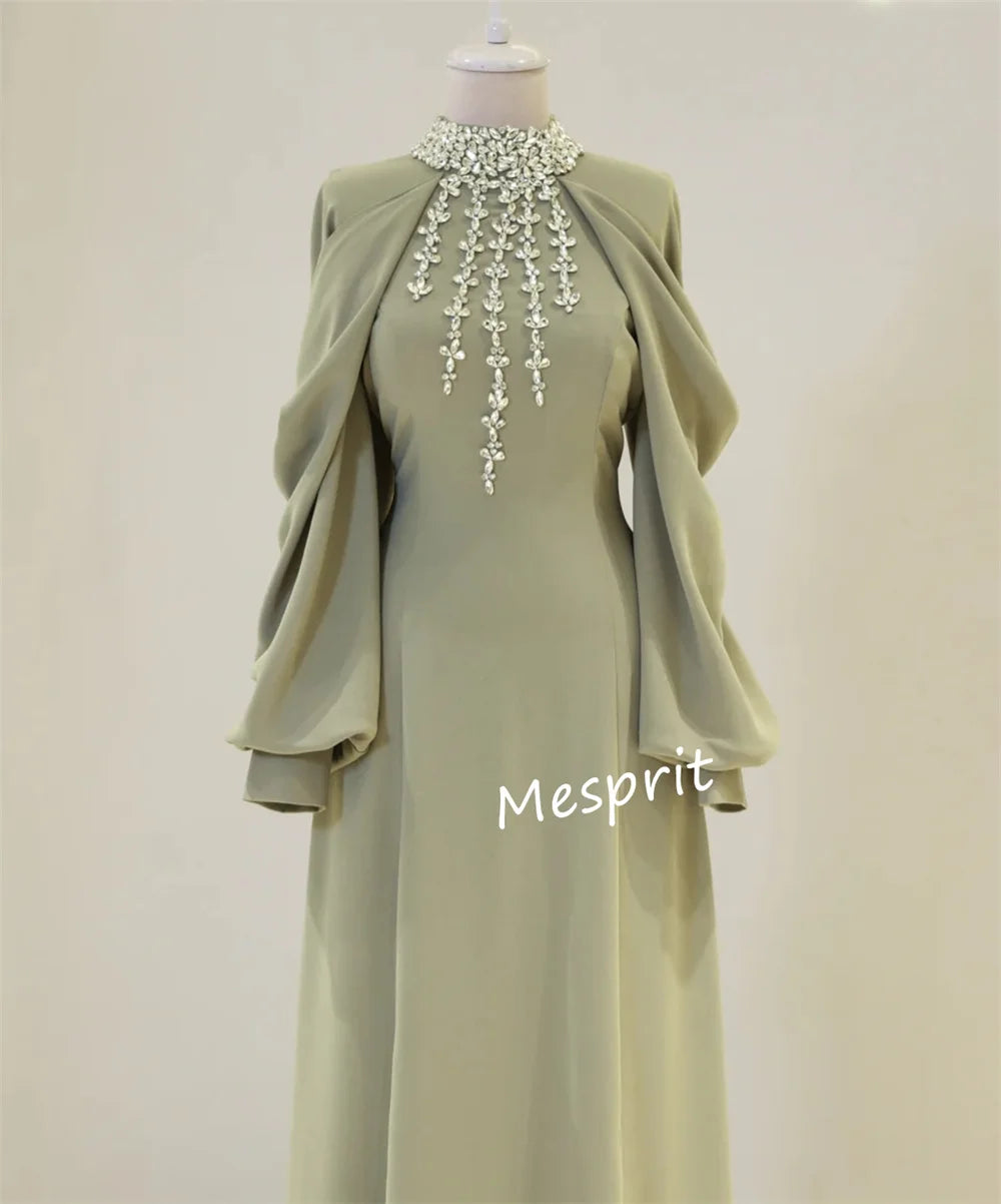 Matching Jersey Pleat Sequined A-line High Collar Long Dresses Bespoke Occasion Intricate Formal