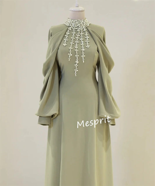 Matching Jersey Pleat Sequined A-line High Collar Long Dresses Bespoke Occasion Intricate Formal