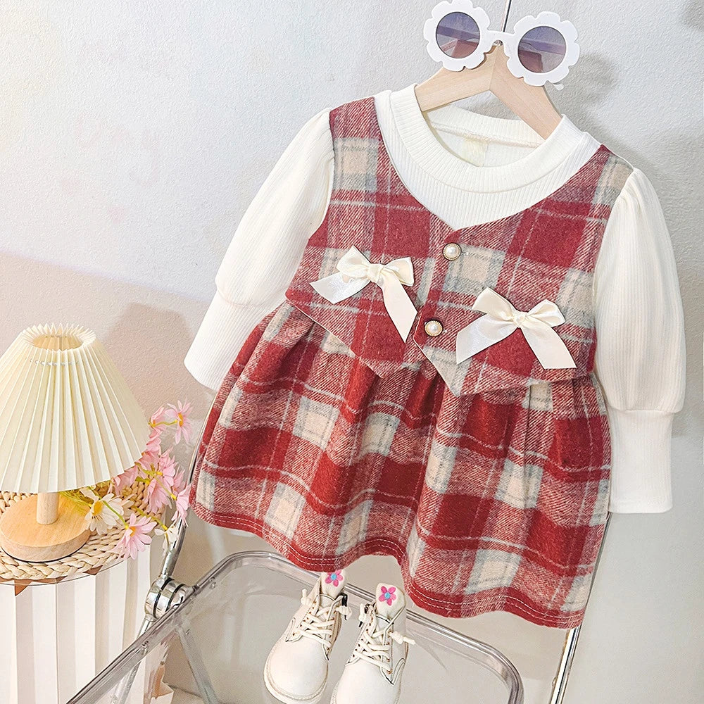 Baby Clothes Girl Spring And Autumn Bow And Plaid Fake Two Pieces Long-Sleeved Baby Dresses Cute Casual Girl Kid's Dress
