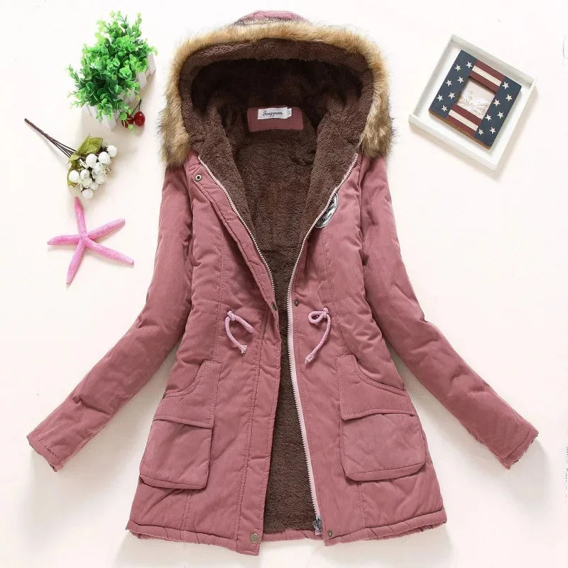 Korean Style Thickened Long Cotton Jacket Women's Winter Coat with Fleece Lining And Fur Collar Slim Fit plus Size Top