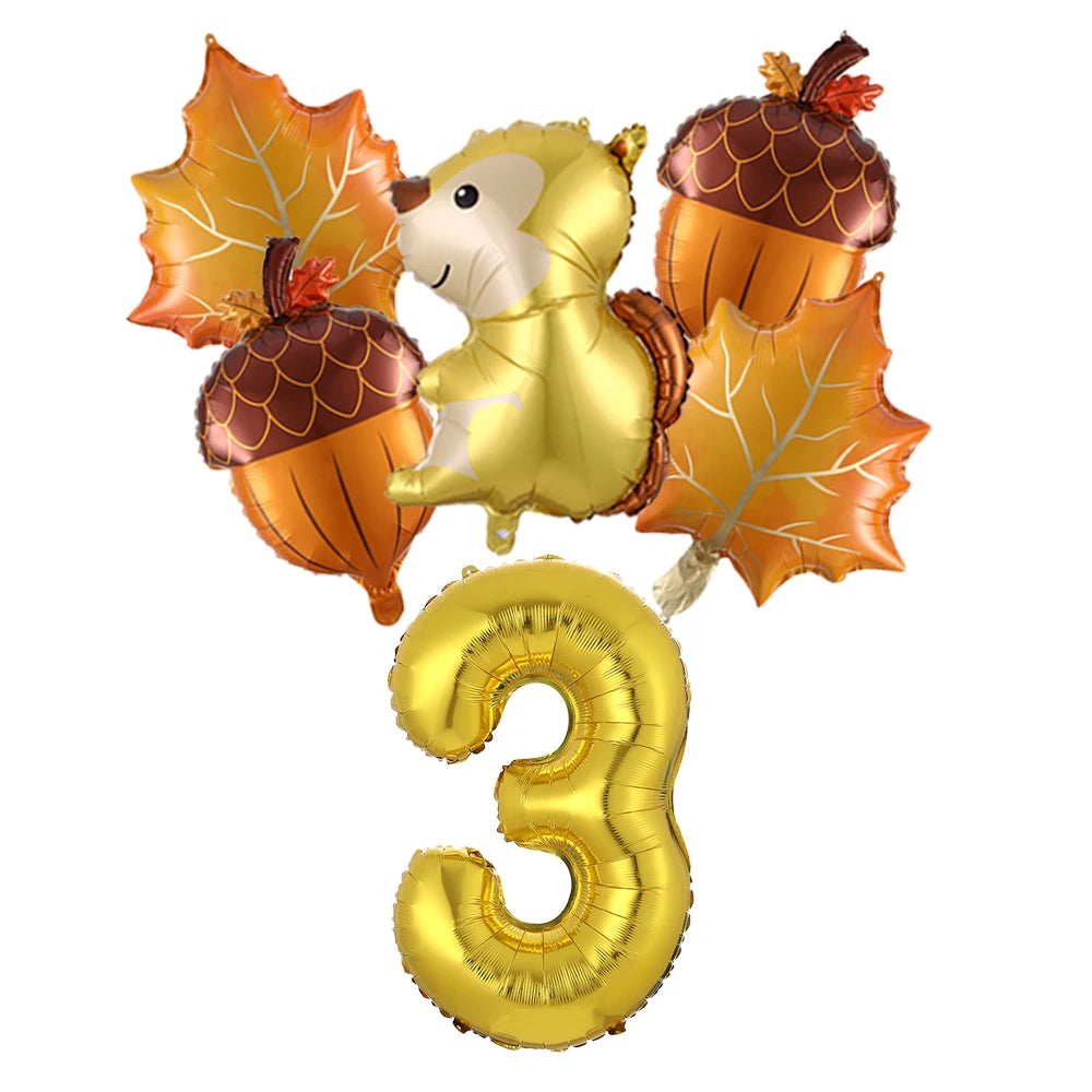6Pcs Autumn Forest Animals Kids Birthday Party Decoration Squirrel Pine Cone Foil Balloon With 0-9 Number Ball Thanksgiving Gift