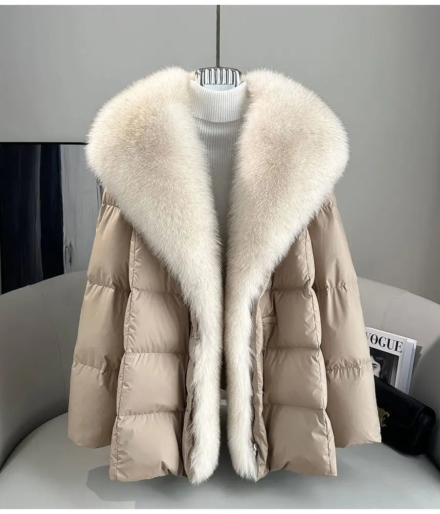 2025 Winter New Mid-length Temperament White Goose Puffer Parkas Women Fox Fur Detachable Large Lapel Fur Down Jacket High Qual