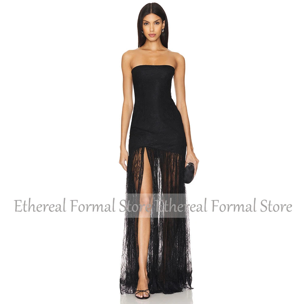 Black Lace Women's Evening Gown Mermaid Strapless Formal Prom Dress Sleeveless Floor Length Ilulsion Party Dress