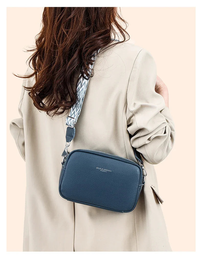 100% Genuine Leather Women Shoulder Bag 2025 New High Quality Cowhide Female Crossbody Bags Wide Shoulder Strap Girls Handbag