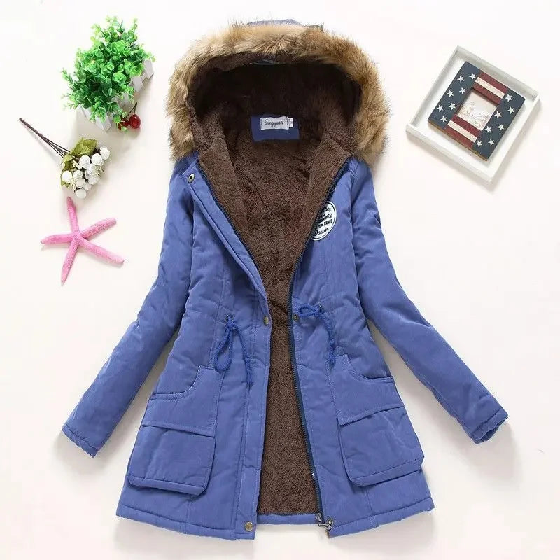 Korean Style Thickened Long Cotton Jacket Women's Winter Coat with Fleece Lining And Fur Collar Slim Fit plus Size Top