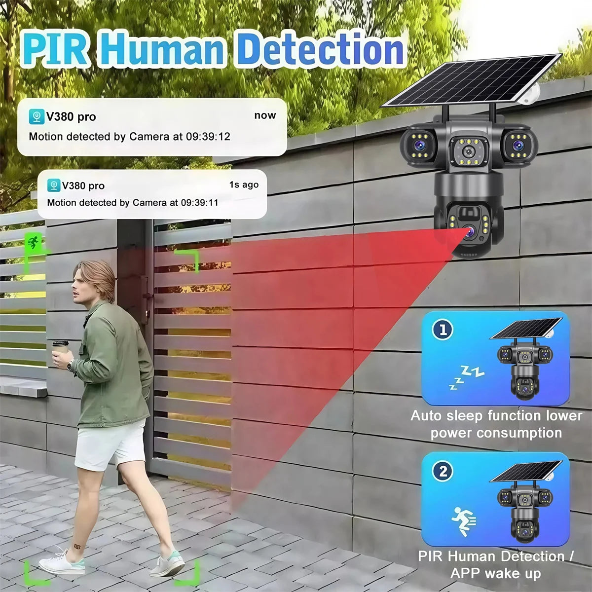 15MP 8K 3 Lens solar security cameras wifi outdoor Waterproof PIR Night Vision Two-Way Audio Mobile Tracking Security IP Cameras