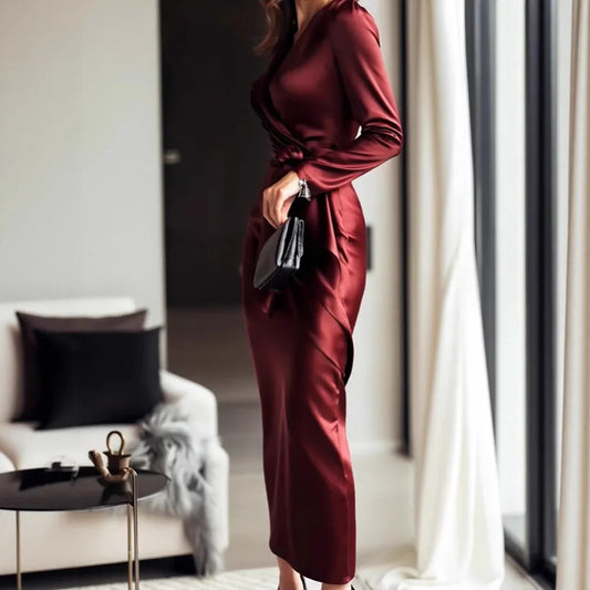 Elegant Satin Long Sleeve V-Neck Gown with Waist Belt Ankle-Length Dress Polished Autumn New Style Cross-Border Dress