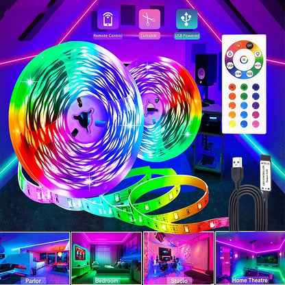 RGB LED strip with remote control, dimmable decorative lighting suitable for bedrooms, ceilings, and party atmospheres