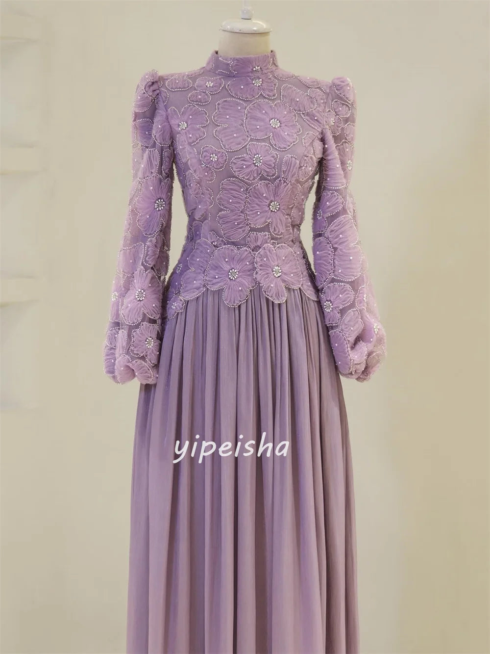 Fashion Chiffon Handmade Flower Beading Straight High Collar Long Dresses Bespoke Occasion Dresses Retro