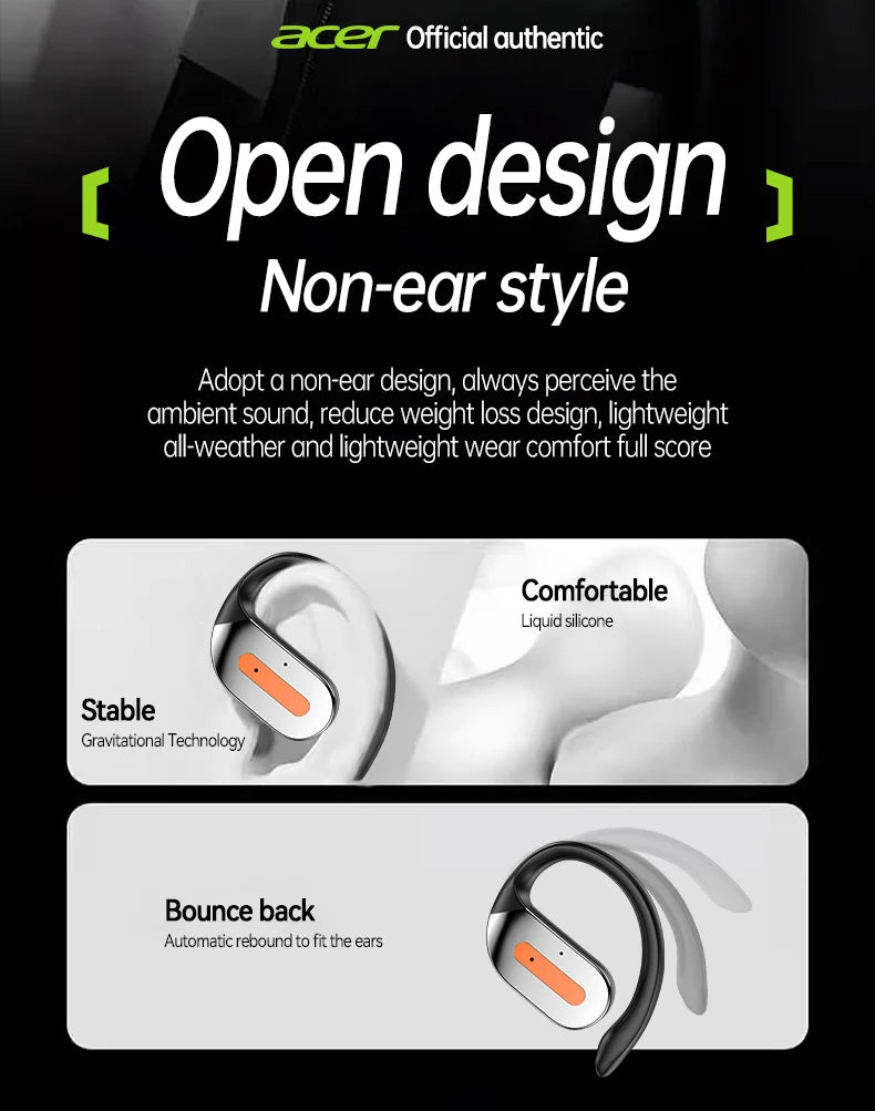 Acer Ohr502 Bluetooth Headset Open Design Wireless Call Noise Reduction Comfortable Wearing Sports Running Fitness Compatible with Mobile Phones Tablets Laptops