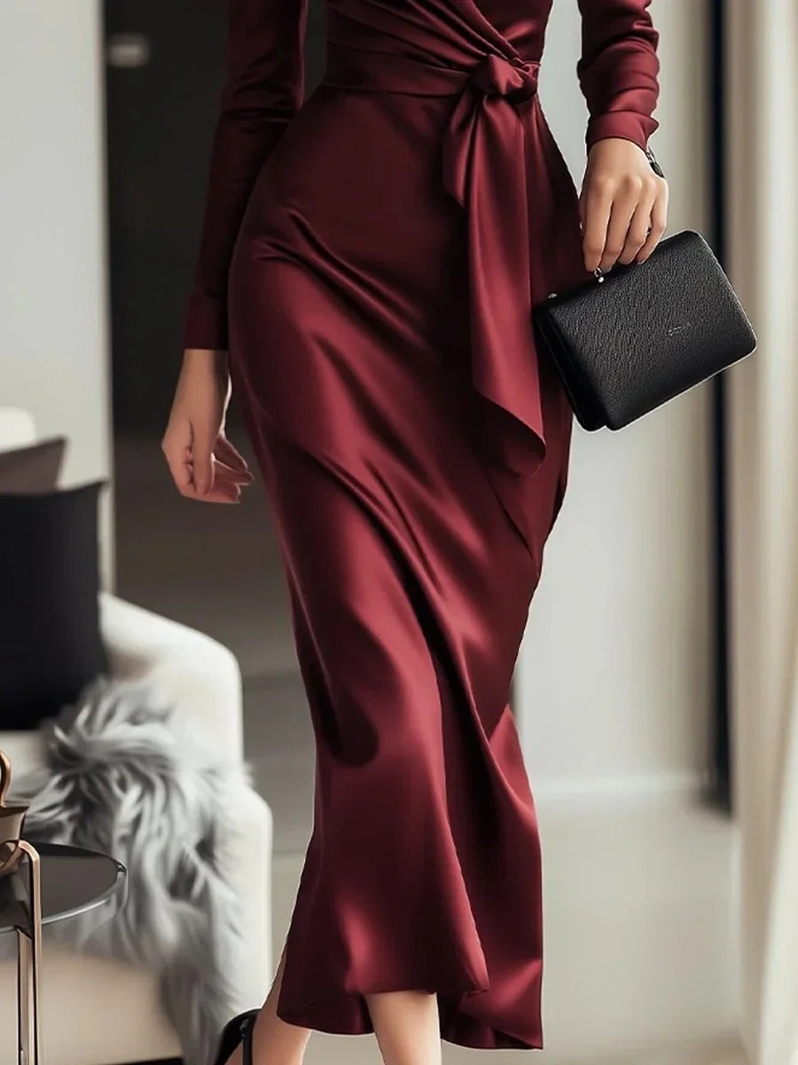 Elegant Satin Long Sleeve V-Neck Gown with Waist Belt Ankle-Length Dress Polished Autumn New Style Cross-Border Dress