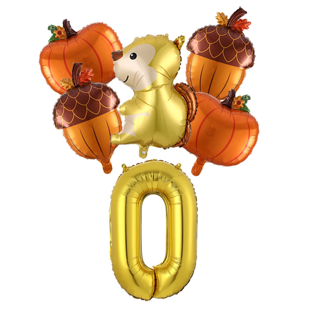 6Pcs Autumn Forest Animals Kids Birthday Party Decoration Squirrel Pine Cone Foil Balloon With 0-9 Number Ball Thanksgiving Gift