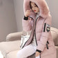 Women Winter Fur Collar Hooded Parka Fashion Letter Patch Zipper Pockets Design Long Jacket Elegant Slim Warm Thick Female Coats