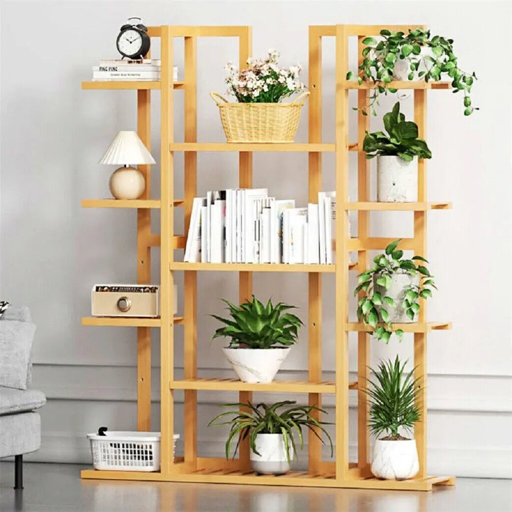 9 Tier Large Bamboo Plant Stand Corner Shelf Garden Flower Pot Display Shelving Unit Indoor Outdoor