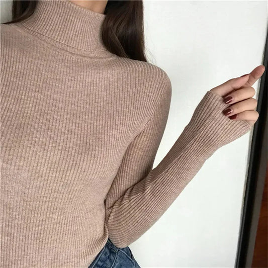 Autumn Winter Thick Sweater Women Knitted Ribbed Pullover Sweater Long Sleeve Turtleneck Slim Jumper Soft Warm Pull Femme