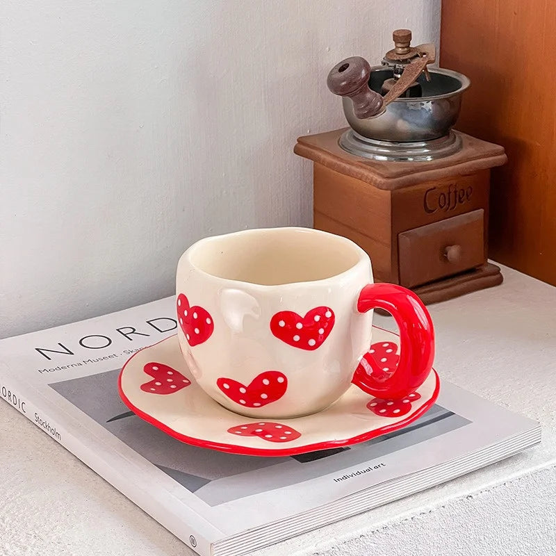 340ML Hand-painted Flower Love heart Ceramic Coffee Cup with Saucer Home Office Water Cup Breakfast Milk Juice Teacup Gift Set