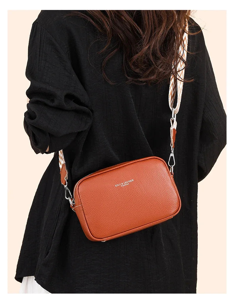 100% Genuine Leather Women Shoulder Bag 2025 New High Quality Cowhide Female Crossbody Bags Wide Shoulder Strap Girls Handbag