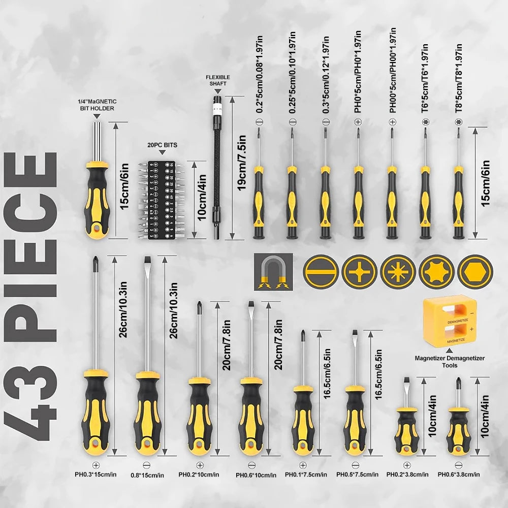 43PCS Magnetic Manual Screwdriver Set Repair Hand Tool With Cross-shaped Slotted Plum Screwdriver Bits