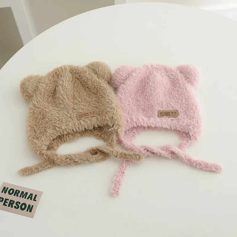 Baby Bear Ear Protection Hat Winter Plush Earmuffs Cap 1-3Year Boys Girls Toddler Warm Headgear Bonnet Solid Velvet Kids Beanies