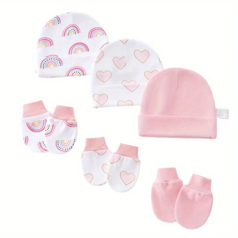 3Set/lot Newborn Baby Hat Gloves Suit Cotton Boys Girls Beanie Hats Cartoon Printed Prevent Face Infant Gloves Shower Gifts