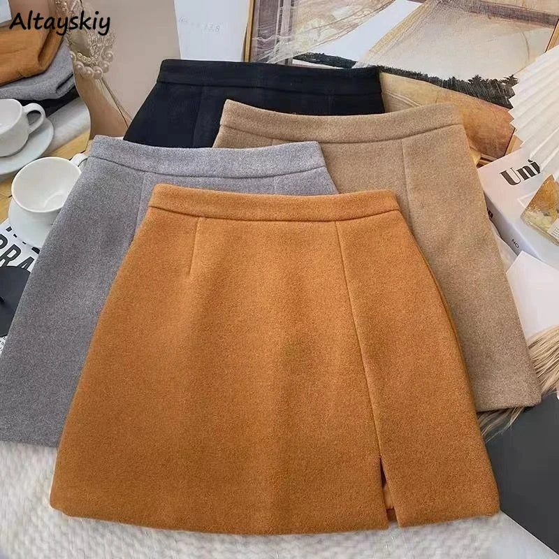 Woolen Mini Skirts Women S-5XL Slim Hip Wrap Side Slit A-line Autumn Winter Solid All-match Female Plus Size Graceful Vintage